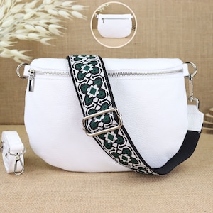 White leather bum bag for women with extra patterned straps, ladies leather shoulder bag, crossbody bag, shoulder bag, handbag
