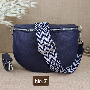 Navy Blue Leather Fanny Pack for Women with 2 Straps and Silver Zipper, Leather Shoulder Bag, Crossbody Bag with Patterned Straps Navy Blau Nr.7