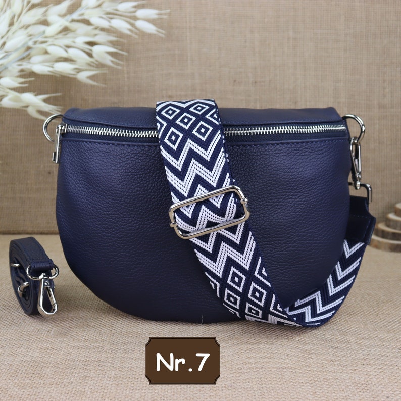 Navy Blue Leather Fanny Pack for Women with 2 Straps and Silver Zipper, Leather Shoulder Bag, Crossbody Bag with Patterned Straps Navy Blau Nr.7