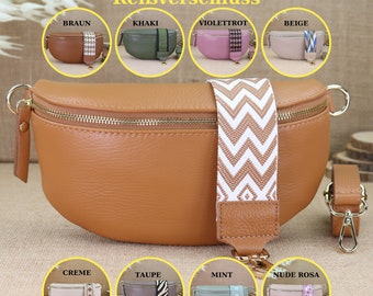 Leder Bauchtasche für Frauen in verschiedenen Farben mit 2 Riemen und goldfarbenem Reißverschluss, Schultertasche für Damen mit breitem Gurt