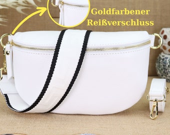 Weißes Leder Gürteltasche Crossbody Tasche Umhängetasche mit goldenem Reißverschluss für Frauen, Damen Leder Bauchtasche Schultertasche Bag