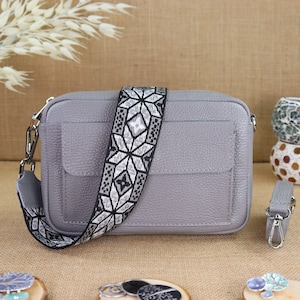 Grey leather shoulder bag for women with extra patterned straps, ladies leather bum bag, crossbody bag, shoulder bag, belt bag
