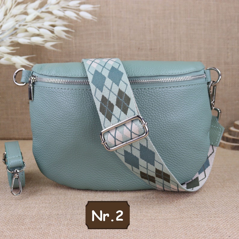 Mint leather fanny pack for women with 2 straps and silver zipper, women's leather shoulder bag, crossbody bag with patterned straps Mint Nr.2
