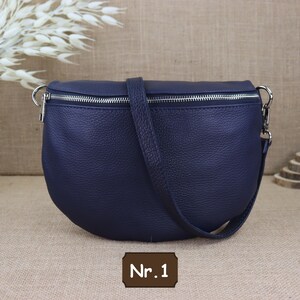 Navy Blue Leather Fanny Pack for Women with 2 Straps and Silver Zipper, Leather Shoulder Bag, Crossbody Bag with Patterned Straps Nr.1 (Ohne 2.Gürtel)