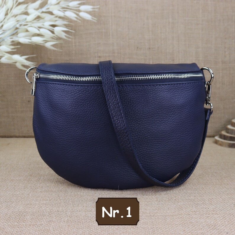 Navy Blue Leather Fanny Pack for Women with 2 Straps and Silver Zipper, Leather Shoulder Bag, Crossbody Bag with Patterned Straps Nr.1 (Ohne 2.Gürtel)