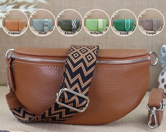 Leather fanny pack with wide strap for women, shoulder bag with patterned straps, women's cross bag in various sizes and colors