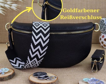 Schwarze Leder Bauchtasche mit 2 Riemen Goldenem Reißverschluss für Frauen, Damen Schultertasche, Crossbody Bag mit breitem gemustertem Gurt