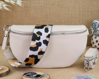 Cream leather bum bag for women with extra patterned straps, leather shoulder bag, crossbody bag, belt bag with patterned straps