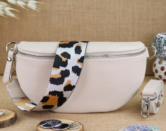 Creme Leder Bauchtasche für Frauen mit extra Gemusterten Trägern, Leder Umhängetasche, Crossbody Tasche Gürteltasche mit Gemusterten Riemen