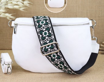 White leather fanny pack with 2 straps and silver zipper for women, leather shoulder bag, crossbody bag with patterned straps