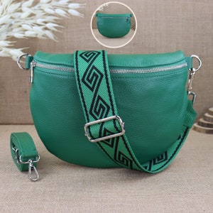 Green leather bum bag for women with extra patterned straps, ladies leather shoulder bag, crossbody bag, shoulder bag, leather handbag
