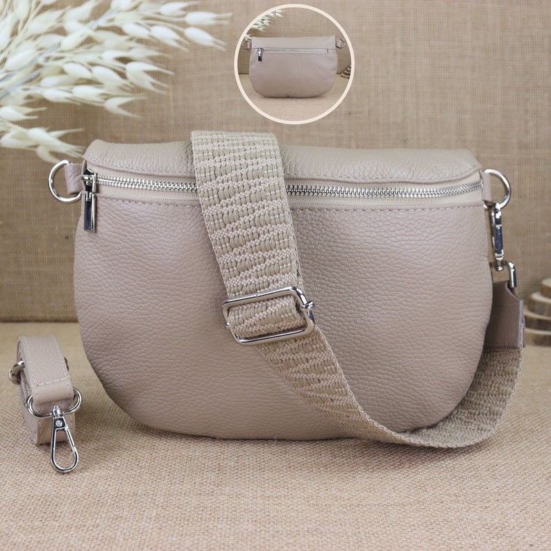 Beige leather fanny pack for women with 2 straps and silver zipper, leather shoulder bag, crossbody bag with patterned straps image 1
