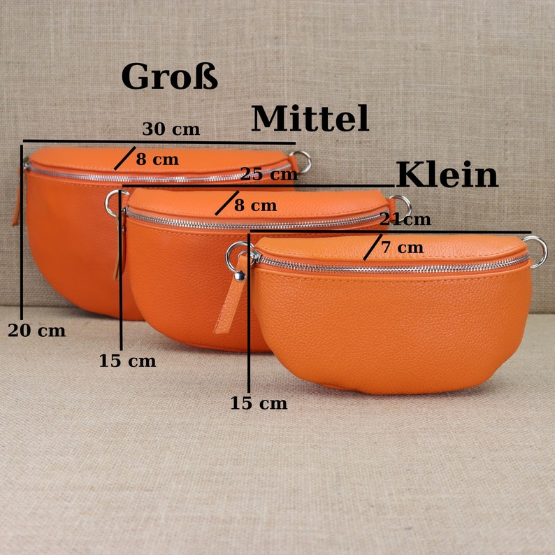 Orangefarbene Bauchtasche mit silbernem Reißverschluss für Frauen, Leder Schultertasche, Crossbody-Umhängetasche in verschiedenen Größen Bild 2