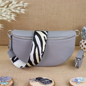 Grey leather shoulder bag for women with extra patterned straps, ladies leather bum bag, crossbody bag, shoulder bag, belt bag