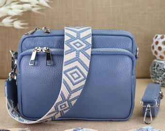 Jeans blue leather fanny pack with additional patterned strap, women's leather shoulder bag, crossbody bag, shoulder bag with wide strap