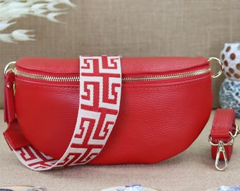 Red Leather Shoulder Bag with Gold Zipper, Fashionable Shoulder Bag for Women, Bum Bag, Crossbody Bag, Gifts for Her