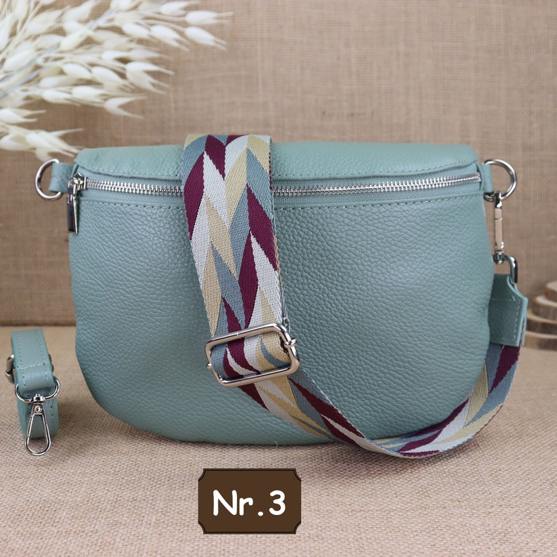 Mint leather fanny pack for women with 2 straps and silver zipper, women's leather shoulder bag, crossbody bag with patterned straps Mint Nr.3