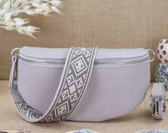 Light gray leather bum bag for women with extra patterned straps, leather shoulder bag, crossbody bag, belt bag with strap