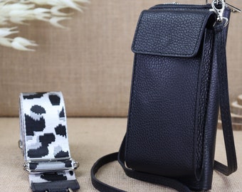 Sac et portefeuille pour téléphone portable en cuir noir, portefeuille avec bandoulière pour femme, petit sac bandoulière avec bandoulière à motifs, portefeuille