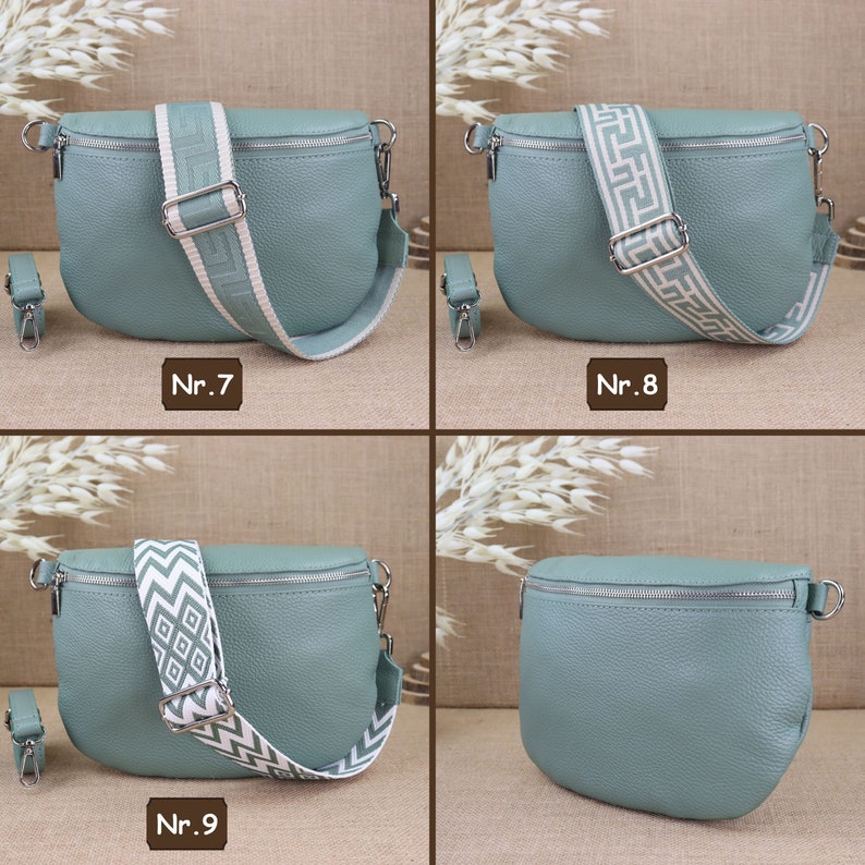 Mint leather fanny pack for women with 2 straps and silver zipper, women's leather shoulder bag, crossbody bag with patterned straps image 10