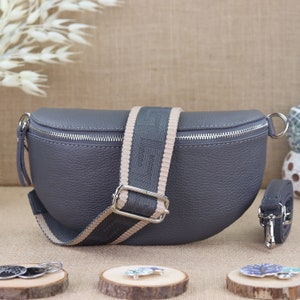 Dark grey leather shoulder bag for women with extra patterned straps, ladies bum bag, crossbody bag, shoulder bag, belt bag