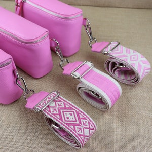 Pink Leather Bag Strap Women - Wide Patterned Shoulder Strap for Bags, Silver Hardware, Fabric Strap, Camera Strap, Valentine&#39;s Day