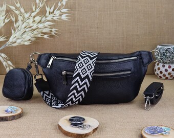 Black leather bum bag for women with 2 straps, leather shoulder bag, crossbody bag, belt bag with patterned straps, gift