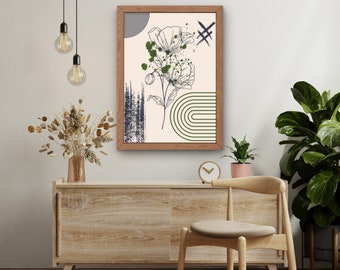Boho Interior Wall Art Boho Home Amantes de las flores Arte abstracto Imprimible Colores naturales Línea verde Deco Sala de estar Ideas Estilo Regalo