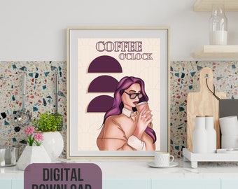 Artdeco pared arte decoración amantes del café color púrpura chica arte boho estilo espressoo en punto mejor regalo amigo trabajando mamá regalos art deco