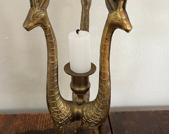 Vintage Brass Giraffe Candle Holder with Three Heads