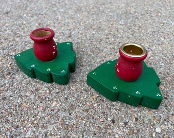 Vintage Pair of Hand Made and Hand Painted Wooden Christmas TreeChandle Holders