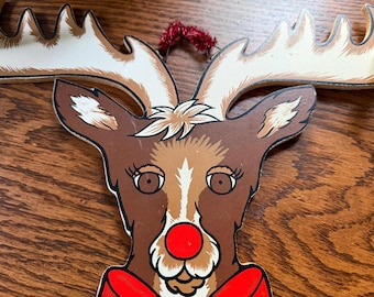 Vintage Christmas Reindeer Stocking Hanger, Japan Sticker Ornament Holder