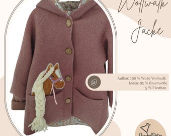 Wool felt jacket, lined coat, wool felt clothing, feather free, horse appliqué, jacket with pockets