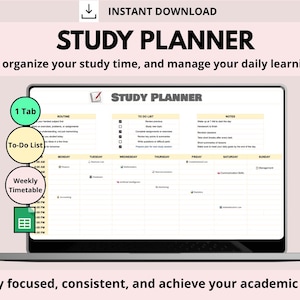 May include: A digital study planner displayed on a laptop screen. The planner includes sections for routine, to-do lists, and notes, with a weekly timetable. The image also includes the text "Study Planner" and "Instant Download."
