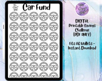 May include: Printable digital savings challenge sheet with the title "Car Fund" and 49 circles representing a car steering wheel. The sheet is designed to fit A6 wallets.