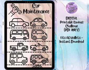 May include: A printable digital savings challenge for A6 wallets. The sheet features a black and white illustration of a wrench and eight different types of cars, including a saloon, van, pickup truck, convertible, and SUV. The text "Car Maintenance" is at the top of the sheet.
