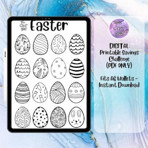 May include: A printable sheet of 16 black and white Easter egg designs. The sheet is titled "Easter" and is designed to fit A6 wallets. The text "DIGITAL Printable Savings Challenge (PDF ONLY) Fits A6 Wallets - Instant Download" is also included on the sheet.