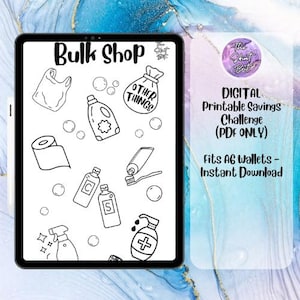May include: A digital printable savings challenge displayed on a tablet. The image features line drawings of various household items, including a plastic bag, bottles, and a roll of paper. Text on the tablet reads "Bulk Shop" and "DIGITAL Printable Savings Challenge (PDF ONLY)".