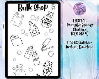 May include: A digital printable savings challenge displayed on a tablet. The image features line drawings of various household items, including a plastic bag, bottles, and a roll of paper. Text on the tablet reads "Bulk Shop" and "DIGITAL Printable Savings Challenge (PDF ONLY)".