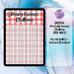 May include: A digital printable penny savings challenge tracker in a red and white gingham pattern. The tracker is designed to fit A6 wallets and includes numbers from 0.01 to 2.60. The text "Penny Savings Challenge" is at the top of the tracker. The text "Digital Printable Savings Challenge (PDF ONLY)" is on the right side of the tracker. The text "Fits A6 Wallets - Instant Download" is at the bottom of the tracker.