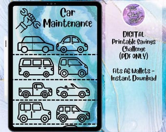 May include: A digital printable savings challenge for A6 wallets. The printable features a black and white illustration of a car maintenance checklist with the text "Car Maintenance".