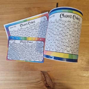 May include: A coin-saving bank and two cards, all featuring the text "Chaos Coins" and "Saves £85". The design includes a rainbow border and circles representing coin denominations, ideal for saving.