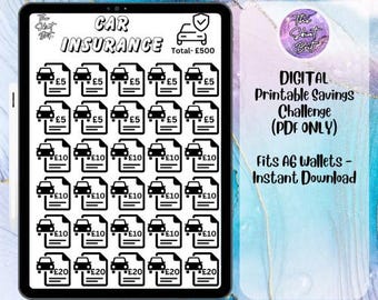 May include: A digital printable savings challenge for a car insurance budget. The printable sheet includes 25 black and white icons of car insurance documents with different amounts: £5, £10, and £20. The total savings goal is £500. The printable is designed to fit A6 wallets and is available for instant download.