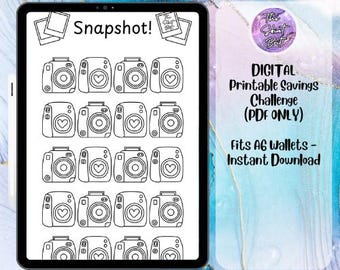 May include: A digital printable savings challenge with a camera theme. The printable sheet features 20 camera icons with hearts. The text "Snapshot!" is at the top of the sheet. The text "DIGITAL Printable Savings Challenge (PDF ONLY)" is on the right side of the sheet. The text "Fits A6 Wallets - Instant Download" is also on the right side of the sheet.