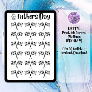 Op de afbeelding: Een digitale printbare spaaruitdaging met een geruit vlagontwerp. Het printbare vel bevat 36 geruite vlaggen en de tekst "Fathers Day". De printbare is ontworpen om in A6-portefeuilles te passen en is een directe download.