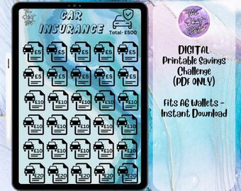 May include: A digital printable savings challenge for car insurance. The printable sheet features a grid of 25 black and white icons of car insurance documents with different amounts, such as £5, £10, and £20. The sheet is designed to fit A6 wallets and is available for instant download.