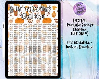 Op de afbeelding: Een printbare penny-spaaruitdaging met een herfstthema. De uitdaging is ontworpen om in A6-portefeuilles te passen. De afbeelding toont pompoenen, bladeren en andere herfstachtige illustraties. De tekst op de afbeelding luidt "Penny Savings Challenge" en "Digital Printable Savings Challenge (PDF ONLY)".