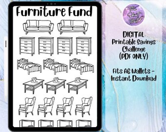 May include: A digital printable savings challenge for a furniture fund, displayed on a tablet. The black and white illustrations include sofas, dressers, beds, tables, chairs, and other furniture items. The text on the tablet reads "Furniture Fund".