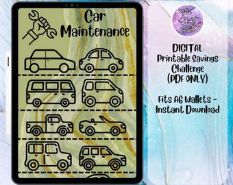 May include: A digital printable savings challenge for car maintenance. The printable features a variety of car icons and the text "Car Maintenance". The printable is designed to fit A6 wallets and is available for instant download.