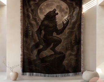 Werewolf Woven Blanket, Gothic Full Moon Blanket, Spooky Halloween Wolf Blanket, Dark Academia Monster Throw, Horror Fantasy Blanket Decor